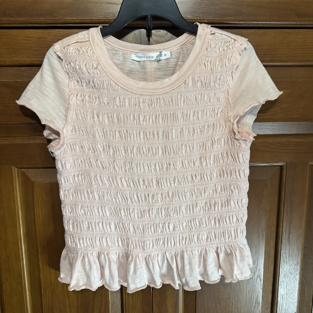 Altar'd State Top Womens Pink Boho Short Sleeve Cotton Ruffle